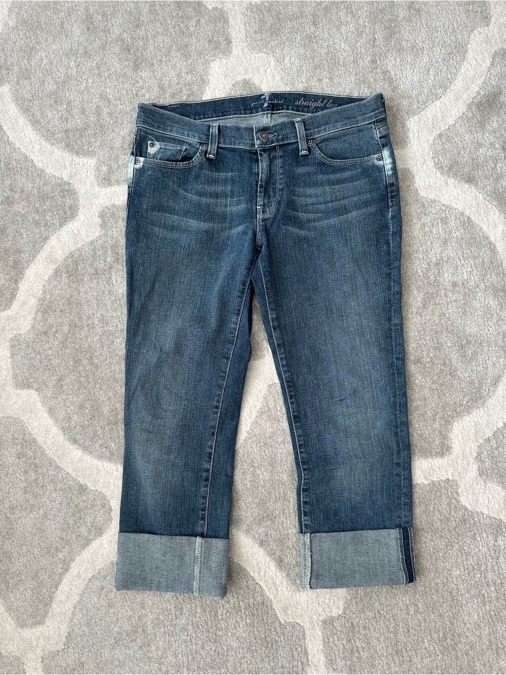 7 For All Mankind Straight Legged -  Mid-Blue Cropped Jeans